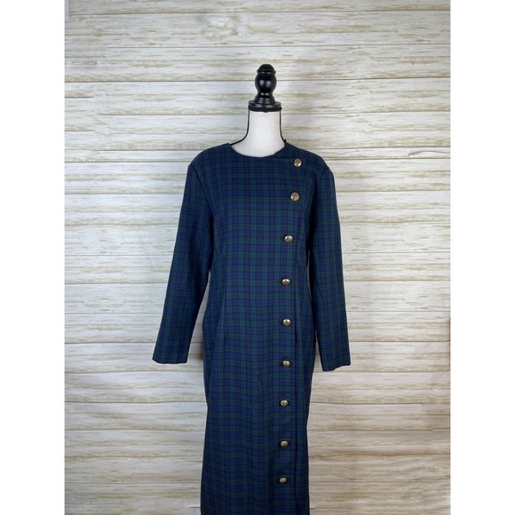 Vintage Blue and Green Plaid Tartan Side Button Maxi Wiggle Dress - Picture 1 of 4
